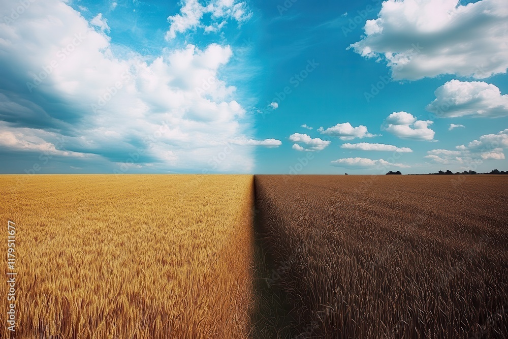 Poster a field with two different shades of yellow grass. the sky is blue with some clouds, and the field i
