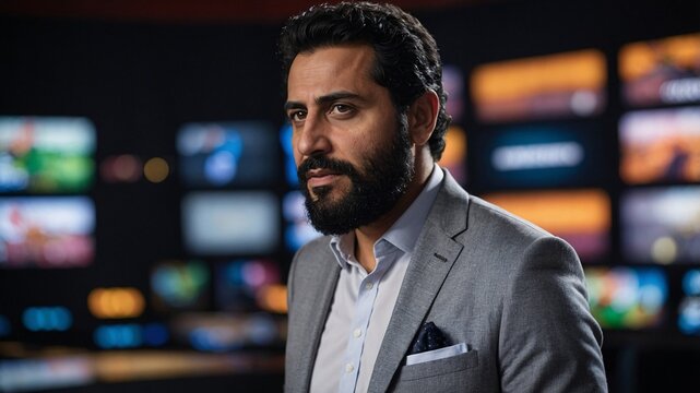 Insightful discussion unfolds as a Middle Eastern sports analyst shares expert opinions in a dynamic studio setting filled with vibrant screens showcasing sports highlights