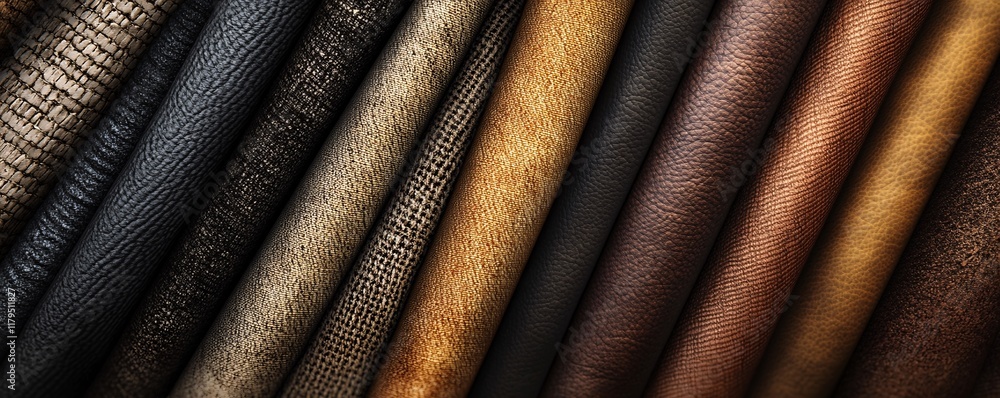 Poster rolls of colorful leather and fabric showing different textures