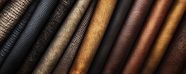 Rolls of colorful leather and fabric showing different textures