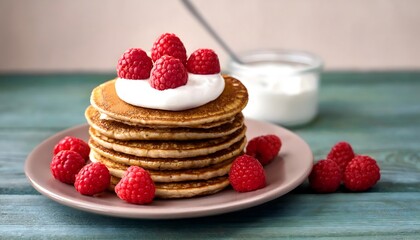 Delicious Pancakes Stack with Raspberries and Cream