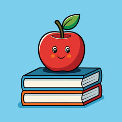 Smiling Apple on Books Illustration for Education and Learning Themes, Colorful Apple and Books Cartoon Design for Kids and Teachers