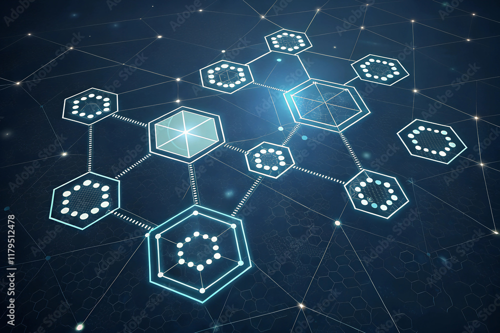 Poster geometric ai-infused data structures with hexagonal light effects on a dark background. generated ai