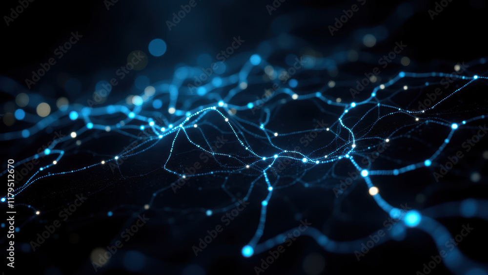 Poster abstract blue neural network pattern on dark background.