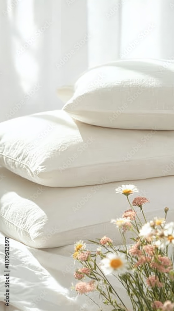 Leinwandbilder soft sunlight illuminates a stack of three pristine white pillows on a bed, accompanied by a bouquet