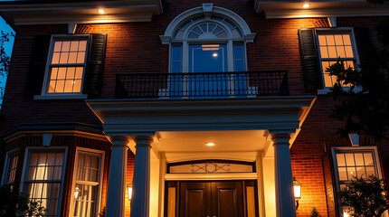 Nighttime Exterior View of Brick House with Illuminated Porch and Windows