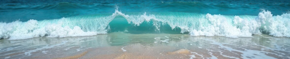 Fototapeta premium Ocean waves gently lapping against the shore with foamy crests, blue, foam, water