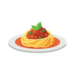 A plate of spaghetti topped with savory meat and fresh herbs isolated flat vector illustration on white background.