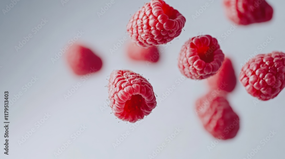 Poster ripe red raspberries floating gracefully against a soft gray backdrop, creating a vibrant and entici
