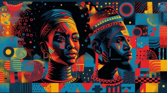 Colorful african king and queen portraits with geometric patterns