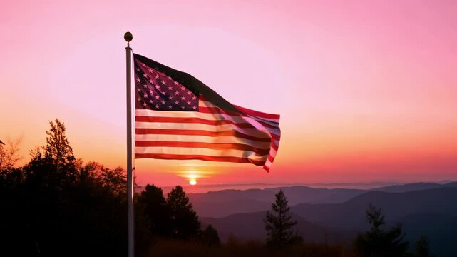 Animated waving American flag stands in a field on the open space above American land. President's Day. USA Day. Independence Day of America. Patriotic memorial american composition red style decorati