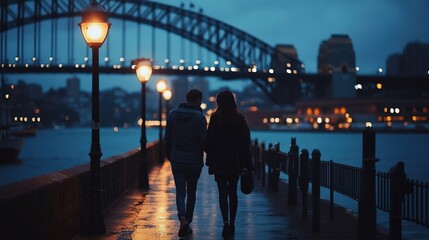 A romantic evening walk by the water. Two people stroll near the bridge in beautiful city lights under a dark sky.