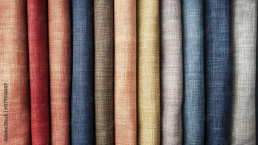 Poster colorful fabric rolls forming a gradient presenting various textures and colors