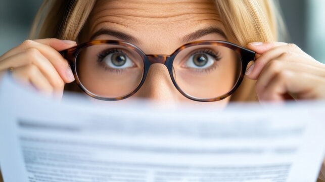 Woman with Glasses Reading Documents Closely