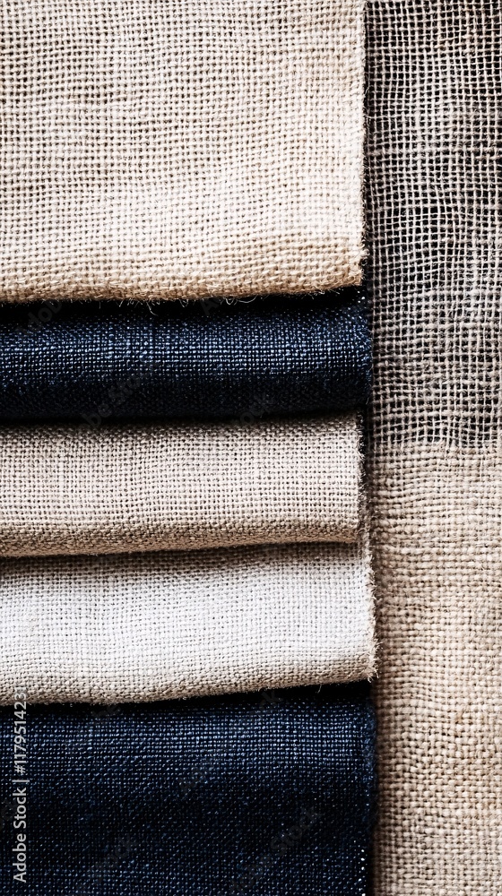 Poster Stack of folded burlap fabrics in various colors and textures