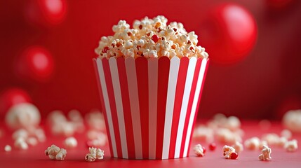 Red striped popcorn bucket with scattered popcorn on red background.