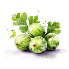 watercolor Vibrant watercolor of green gooseberries with leaves isolated design on white background