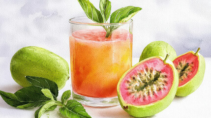 watercolor Vibrant watercolor of guava juice with fresh guavas and leaves isolated design on white background
