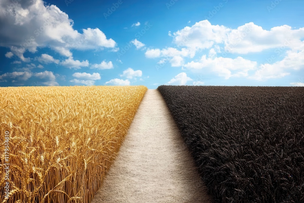Poster a field of wheat with a path in the middle, the wheat on the left is yellow and the wheat on the rig