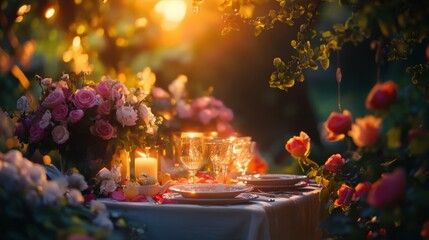 Romantic dinner setting with candles and flowers in a warm, glowing garden. Perfect for special moments and memorable occasions.