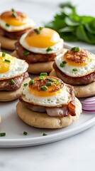 Four mini golden-brown eggs in ramekins are garnished with chives and served on crispy crackers, surrounded by fresh basil and onion