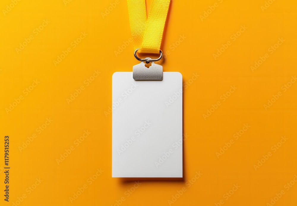Poster a white tag with a yellow cord hanging from it. the tag is empty and has a clip on it. empty space f