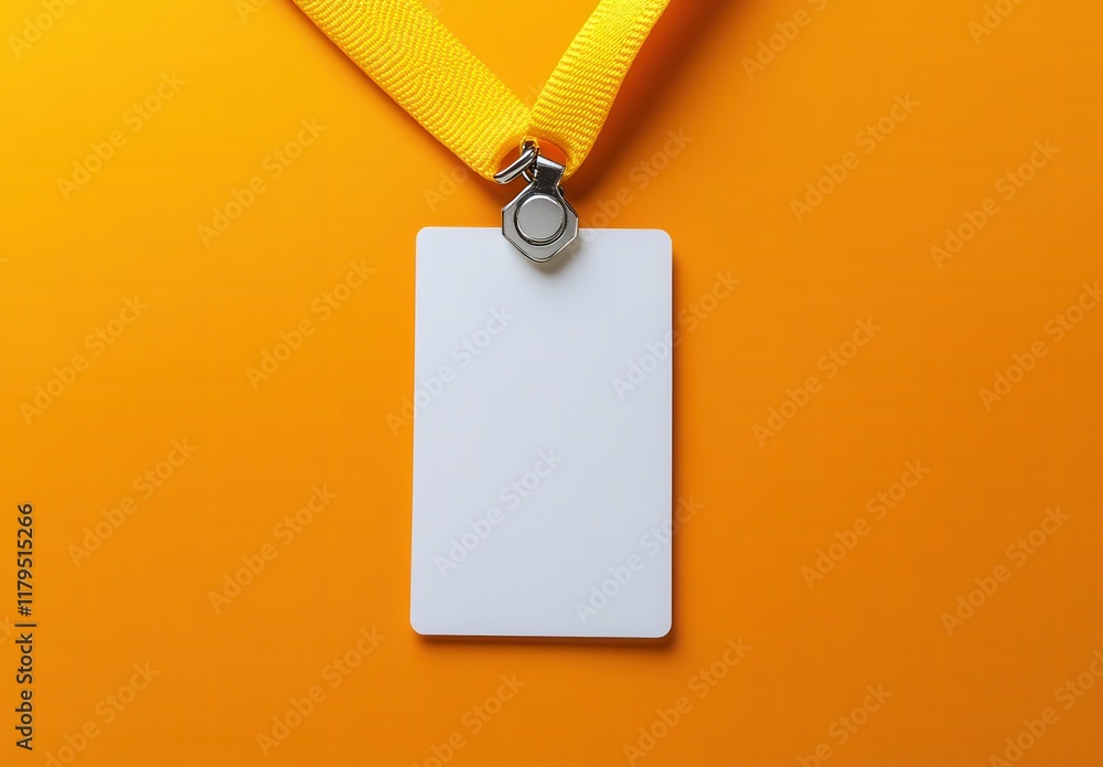 Poster a white tag with a yellow ribbon hanging from it. the tag is empty and has a silver clip. empty spac