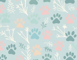 Pastel Paw Prints and Branches Seamless Pattern: Delicate Floral and Animal Print Design