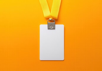 A white badge with a yellow cord hanging from it. The cord is attached to a metal clip. Empty space for logo or text, mockup