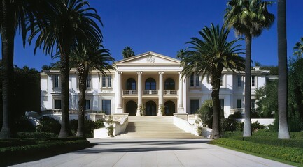 Obraz premium A large white house with a large lawn and palm trees. The house has a grand entrance with a large staircase leading up to the front door. The house is surrounded by a lush green lawn and palm trees