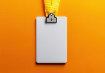 A white badge with a yellow clip hanging from it. The clip is attached to a yellow cord. Empty space for logo or text, mockup