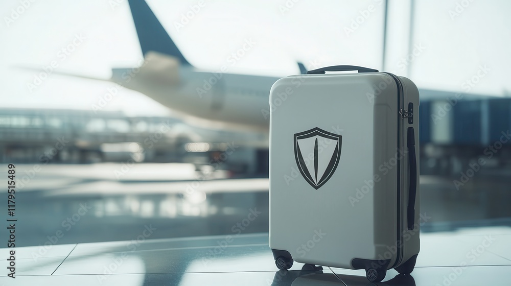 Poster a white suitcase with a shield on it is sitting on the ground next to an airplane. the suitcase is o