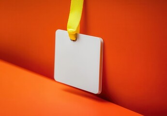 A white tag with a yellow ribbon hanging from it. The tag is hanging from a red background. Empty space for logo or text, mockup