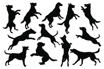 Dog jump silhouettes set isolated flat vector illustration on white background.