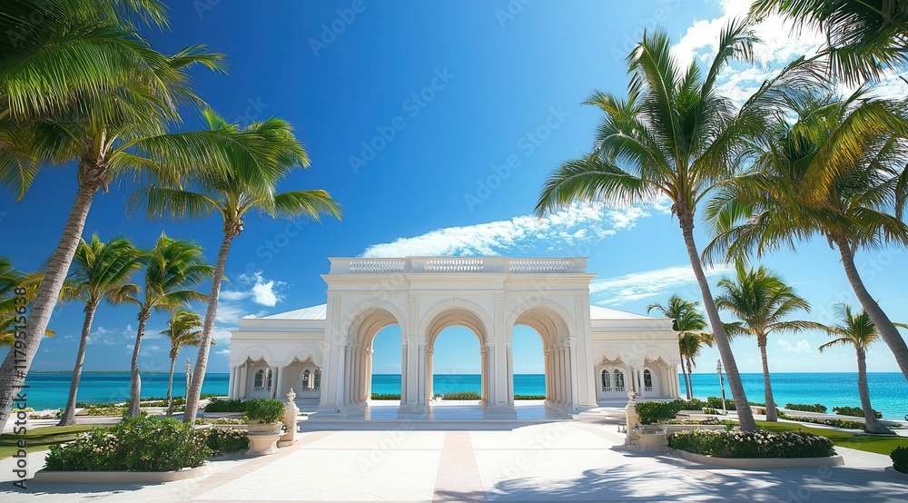Poster a beautiful white building with a large archway and palm trees in the background. the archway is ope
