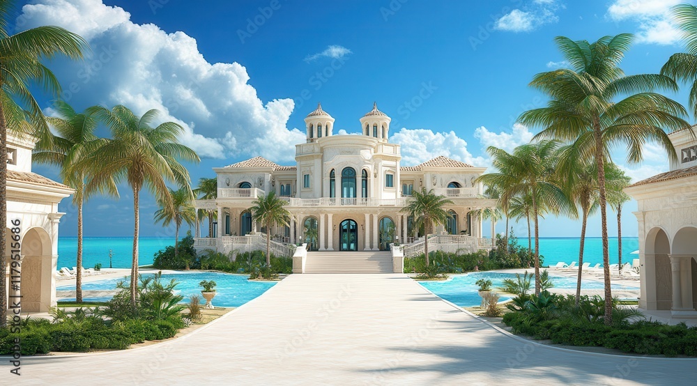 Aufkleber a large white house with a pool and palm trees in the background. the house is surrounded by a white