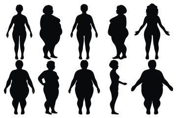Fat woman silhouettes set isolated flat vector illustration on white background