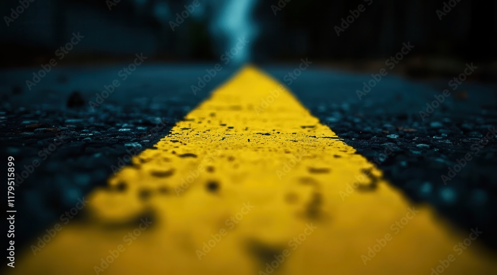 Poster a yellow line on a wet road. the line is barely visible and the water is dripping from it