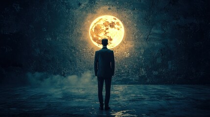 Man Contemplating the Immense Moon at Night