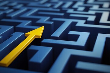 A maze with a yellow arrow pointing to the right. The arrow is the only thing that stands out in the blue maze
