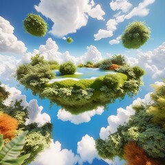 3d floating landscape with nature elements and clouds 
