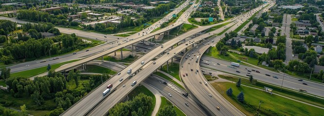 A busy highway with many cars and trucks on it. The highway is surrounded by trees and houses