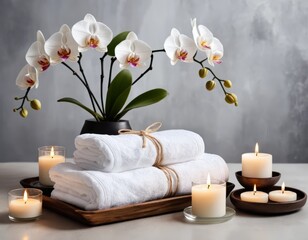 Serene Spa Setting: White Towels, Orchids, and Burning Candles