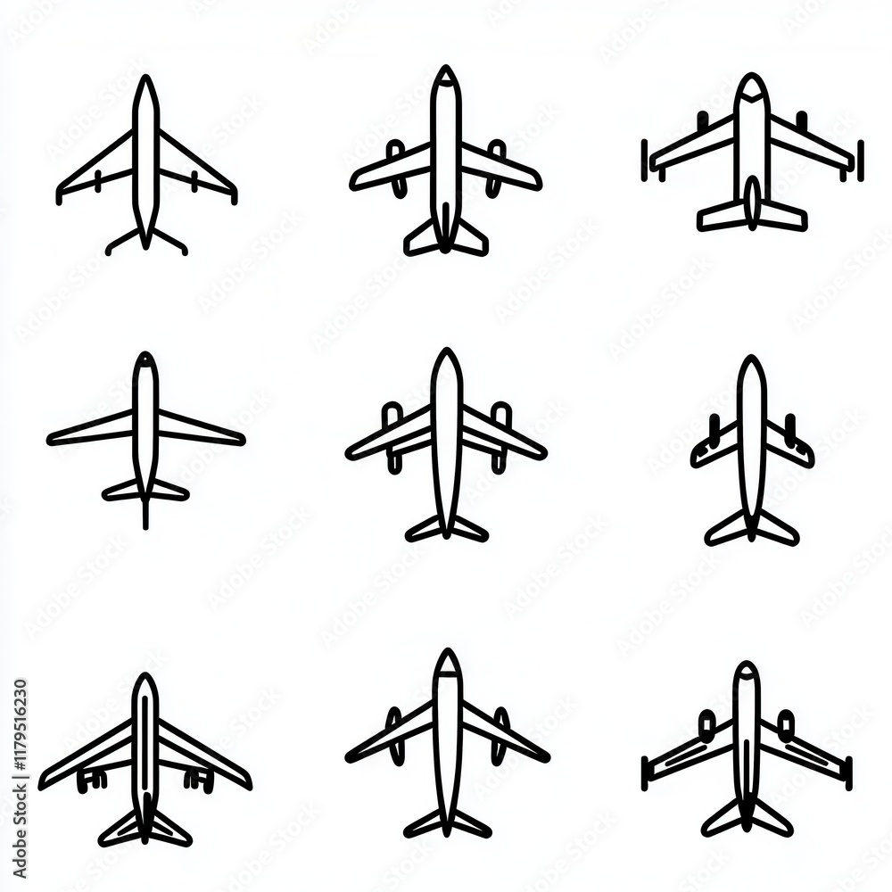 Poster a series of airplane drawings in black and white. the planes are all different sizes and shapes, but