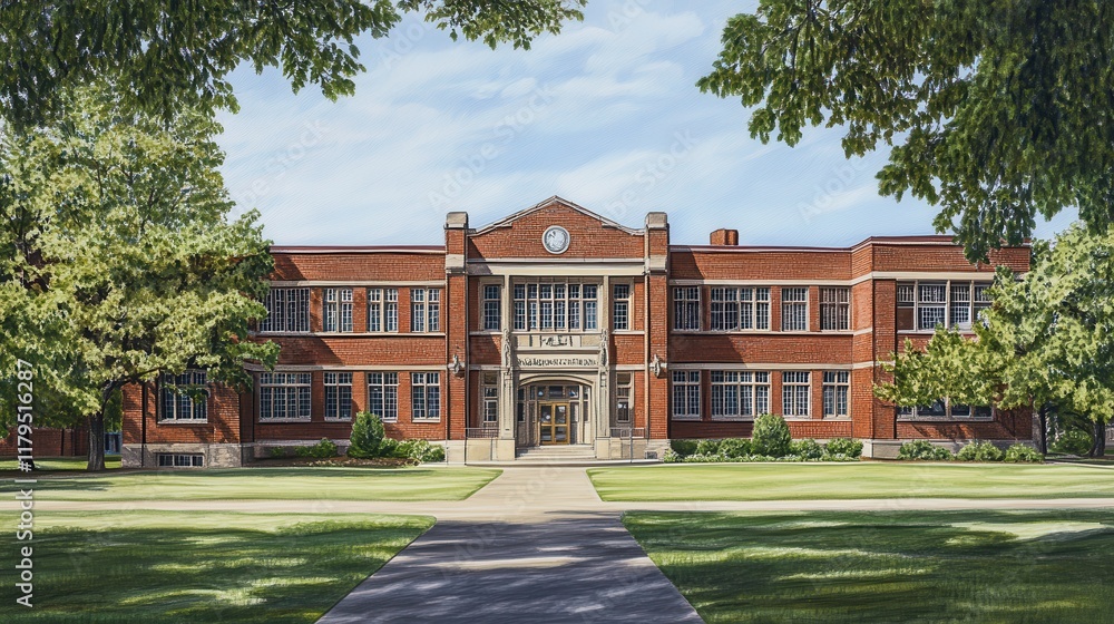 Poster a large brick building with a clock tower and a large green tree in front of it. the building is a s