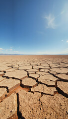 Parched Earth: Cracked Dry Soil Under a Bright Blue Sky. Depicts Drought, Climate Change, Desertification, and Water Scarcity