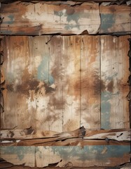 Torn poster on weathered wood, faded colors, distressed paper, retro, grunge