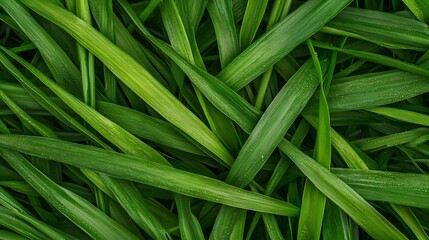 Close-up of Dewy Fresh Green Grass with Natural Lush Foliage Background