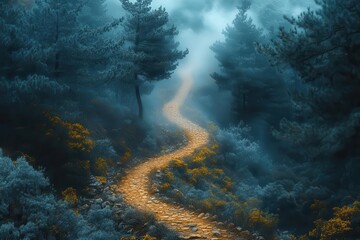 Obraz premium enchanted forest path shrouded in morning mist with ancient pine trees creating mysterious atmosphere, perfect for fantasy and nature themes