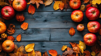 Red apples and autumn leaves arranged on a dark wooden background, creating a fall harvest scene with copy space.